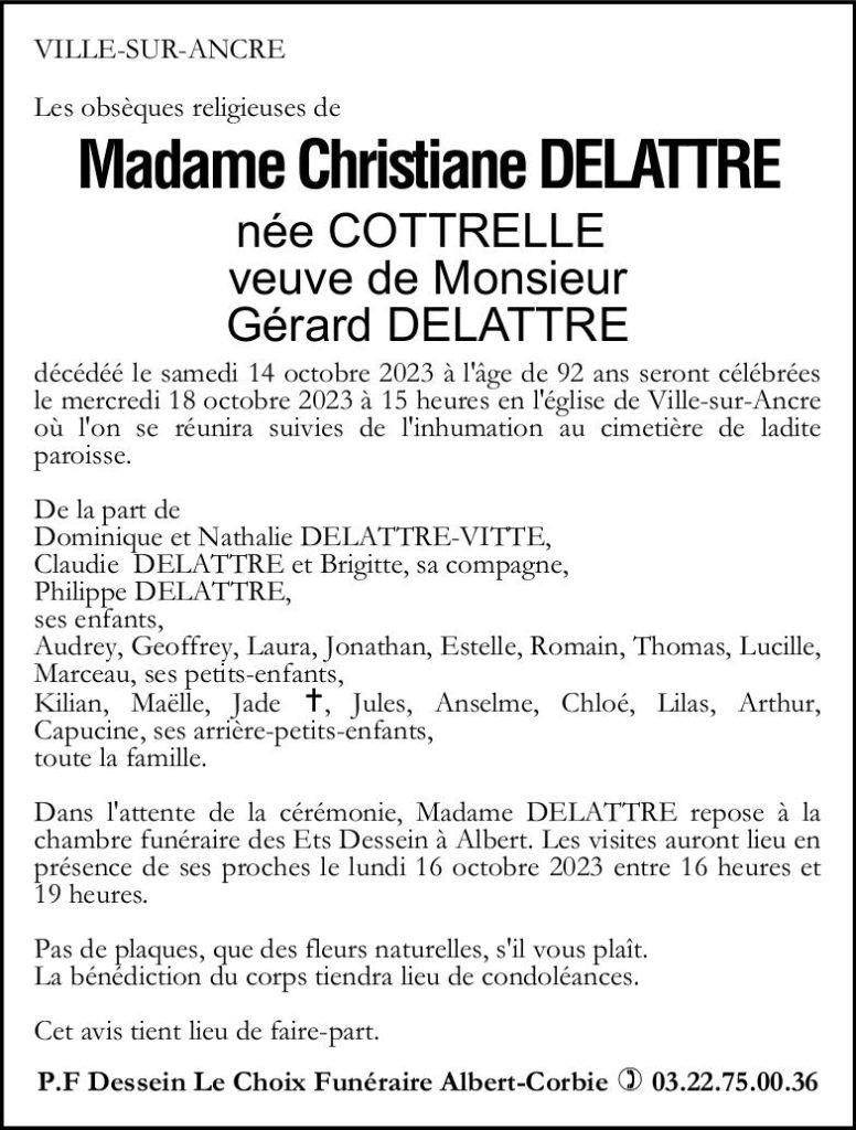 Avis de décès de Madame Christiane DELATTRE née COTTRELLE