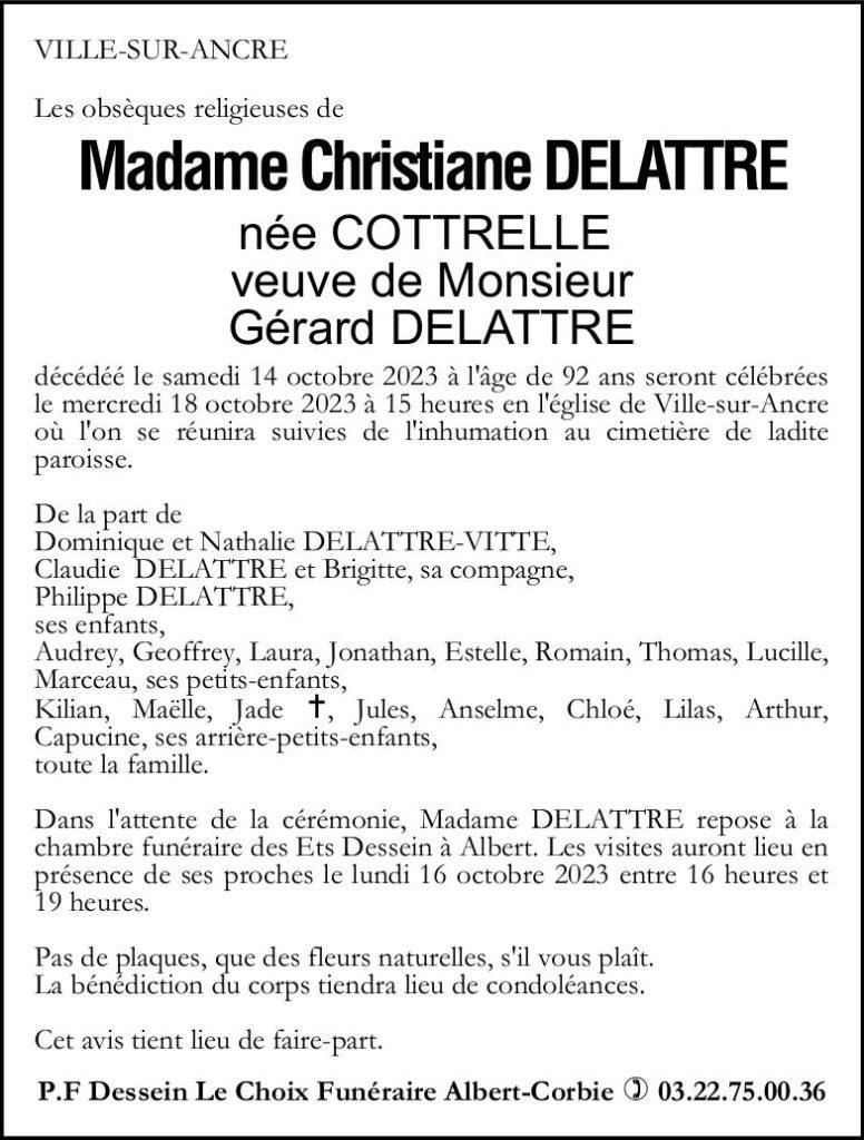 Avis de décès de Madame Christiane DELATTRE née COTTRELLE