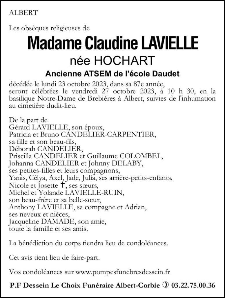 Avis de décès de Madame Claudine LAVIELLE née HOCHART