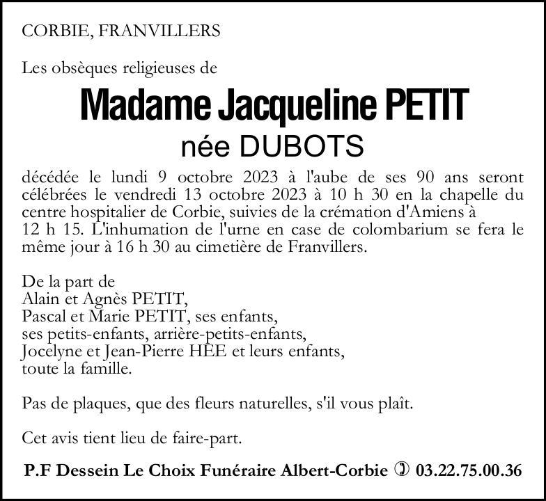 Avis de décès de Madame Jacqueline PETIT née DUBOTS
