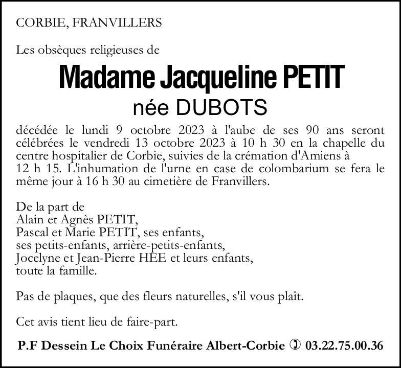 Avis de décès de Madame Jacqueline PETIT née DUBOTS