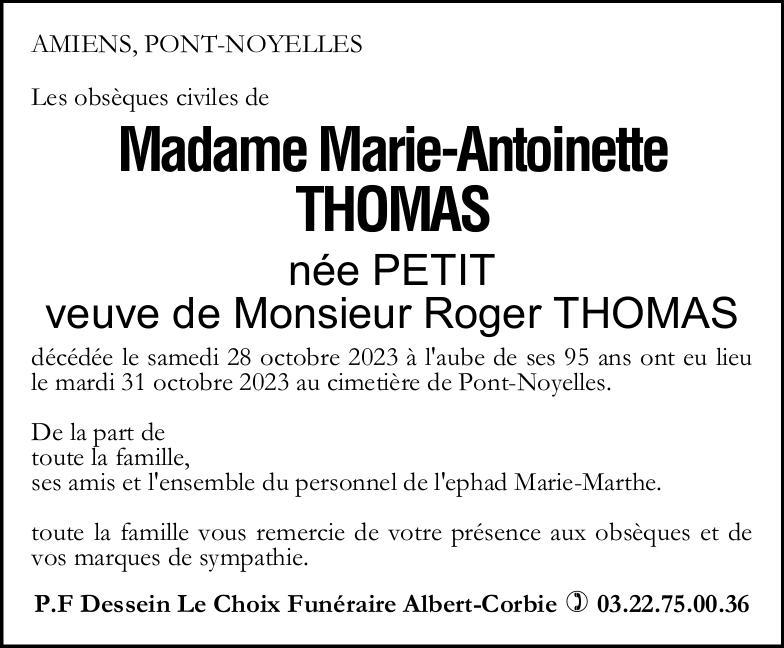 Avis de décès de Madame Marie-Antoinette THOMAS née PETIT