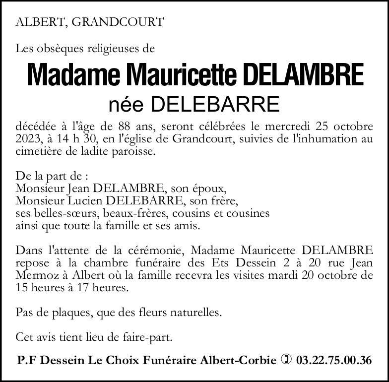 Avis de décès de Madame Mauricette DELAMBRE née DELEBARRE