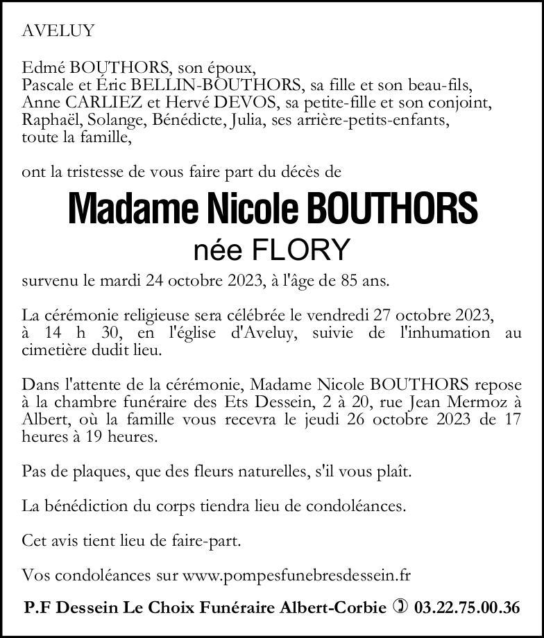Avis de décès de Madame Nicole BOUTHORS née FLORY