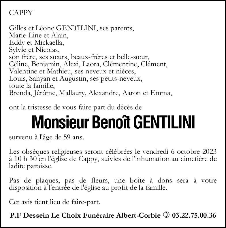 Avis de décès de Monsieur Benoît GENTILINI