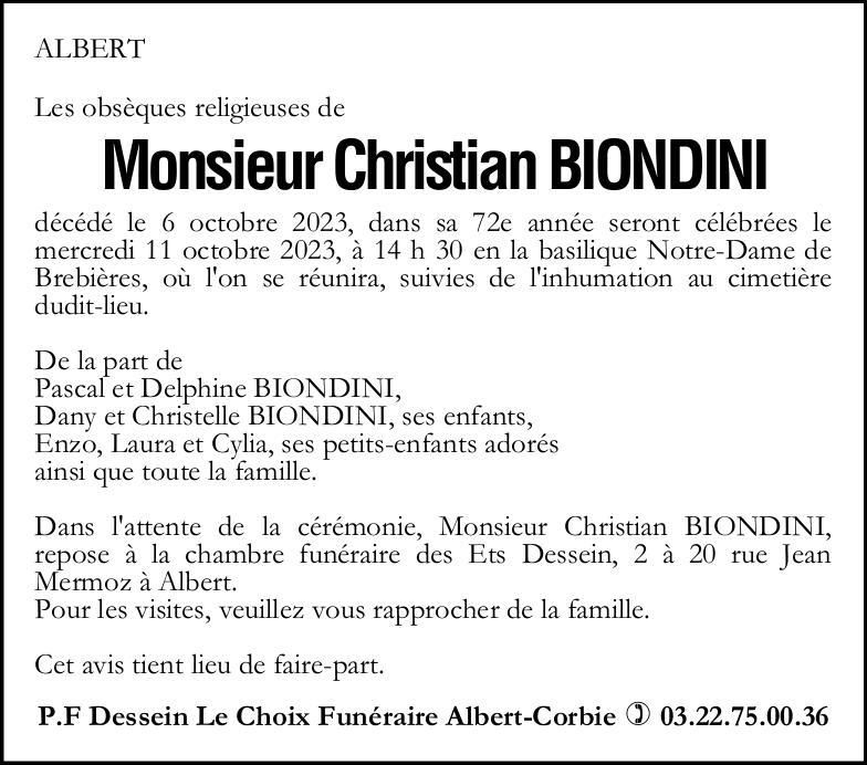 Avis de décès de Monsieur Christian BIONDINI