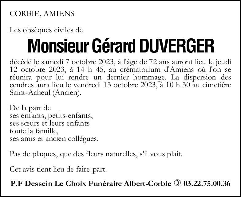 Avis de décès de Monsieur Gérard DUVERGER