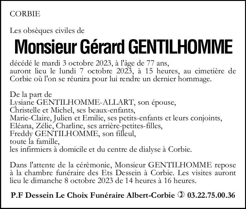 Avis de décès de Monsieur Gérard GENTILHOMME