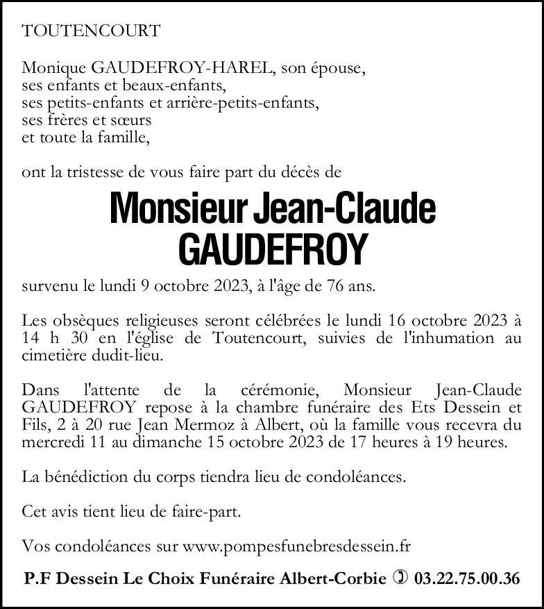 Avis de décès de Monsieur Jean-Claude GAUDEFROY