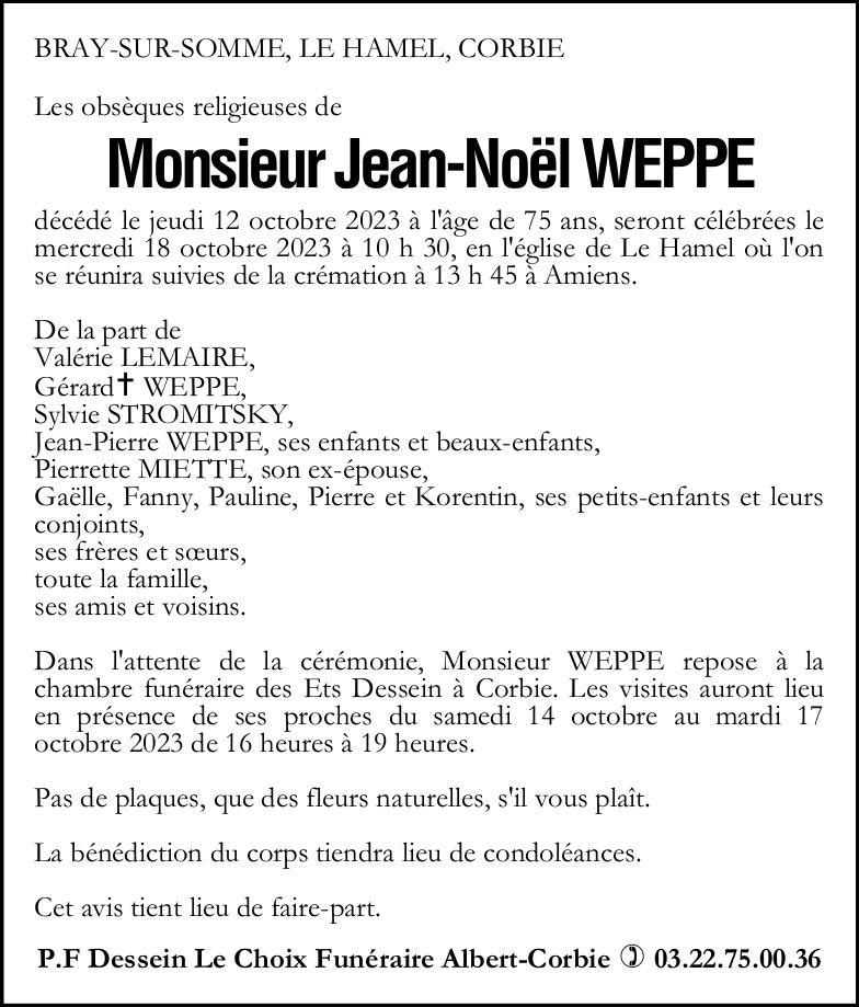 Avis de décès de Monsieur Jean-Noël WEPPE