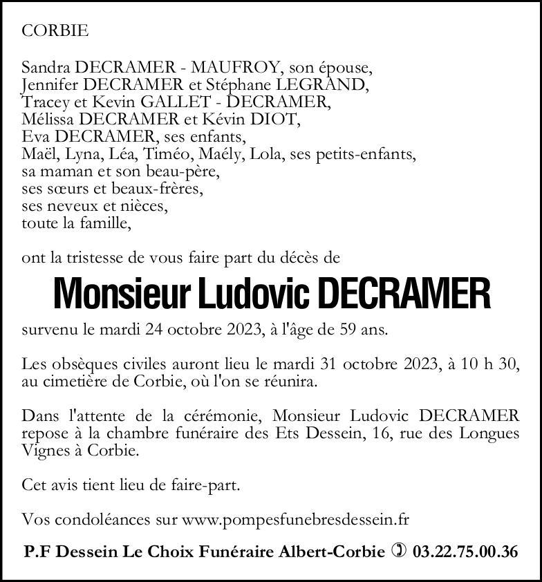 Avis de décès de Monsieur Ludovic DECRAMER