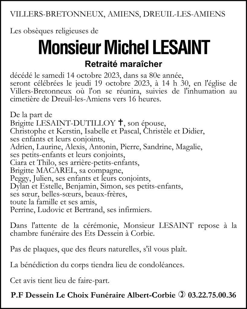 Avis de décès de Monsieur Michel LESAINT