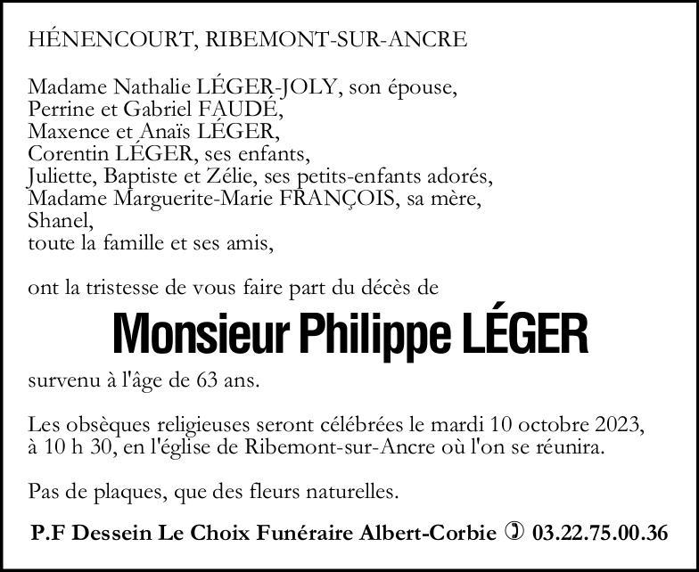 Avis de décès de Monsieur Philippe LEGER
