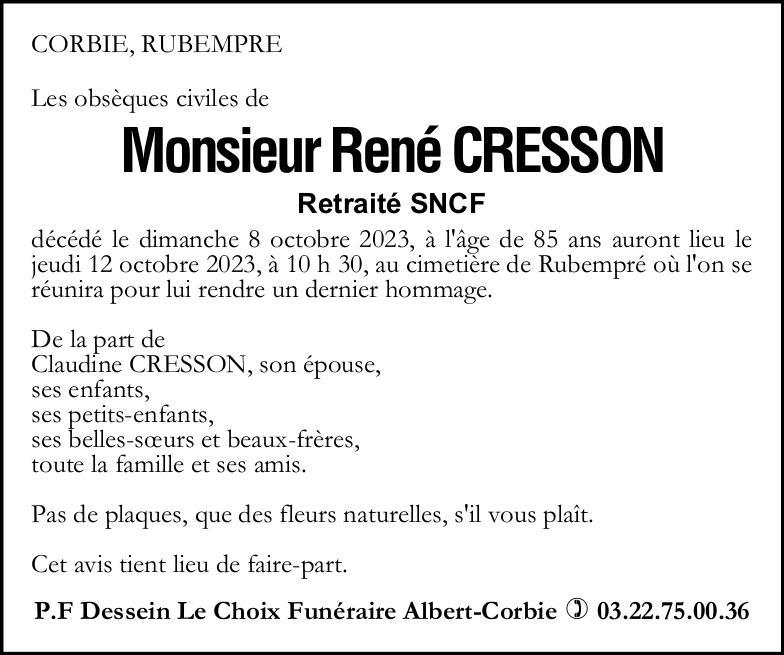 Avis de décès de Monsieur René CRESSON