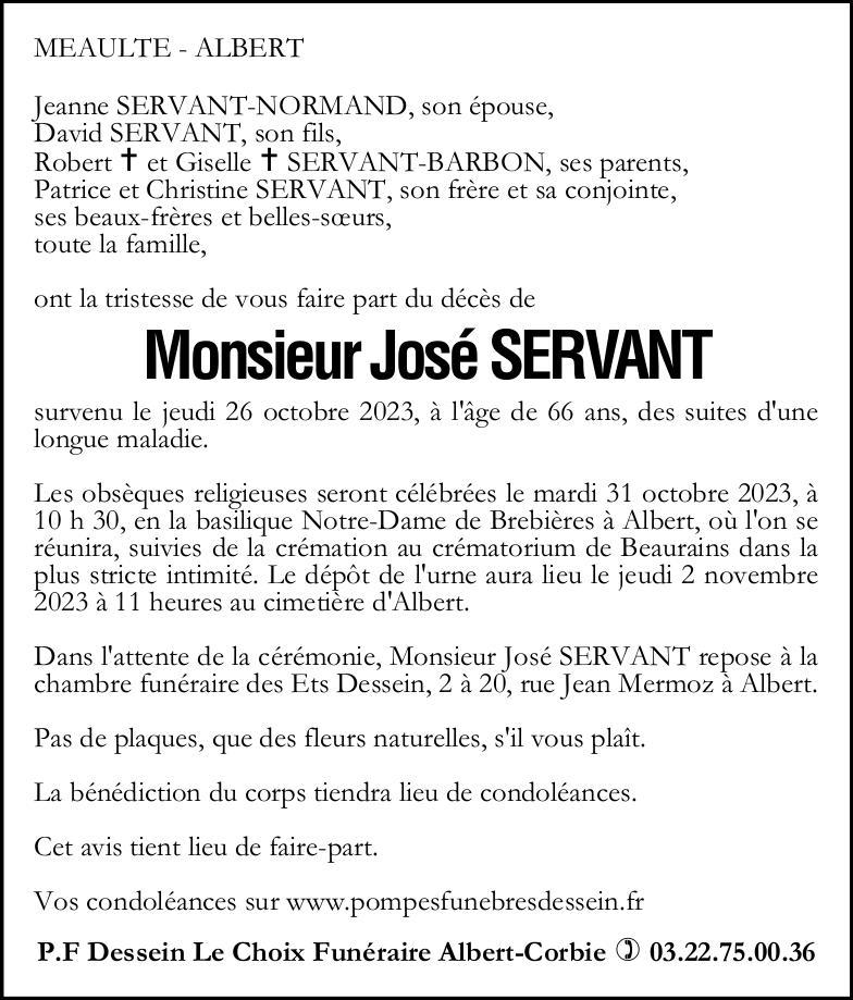 avis de décès de Monsieur José SERVANT