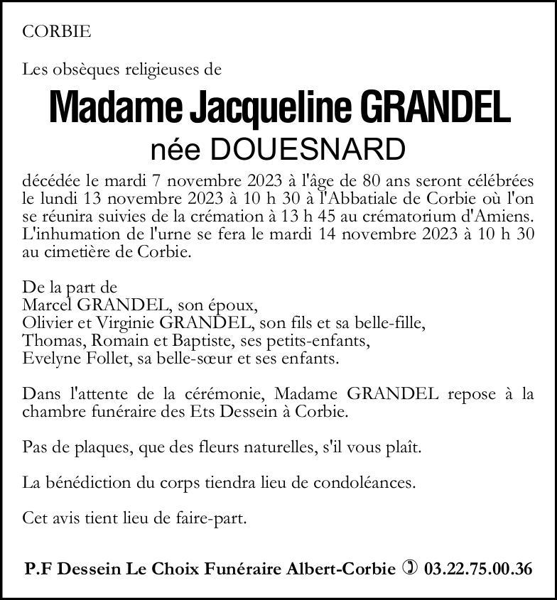 Avis de décès Jacqueline GRANDEL