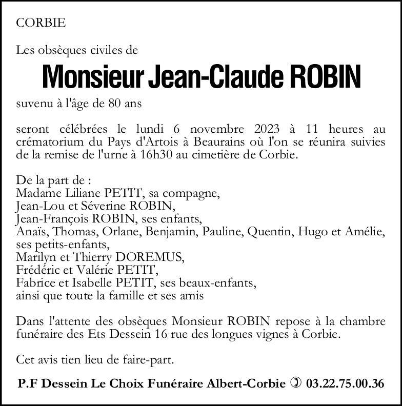 Avis de décès Jean-Claude ROBIN