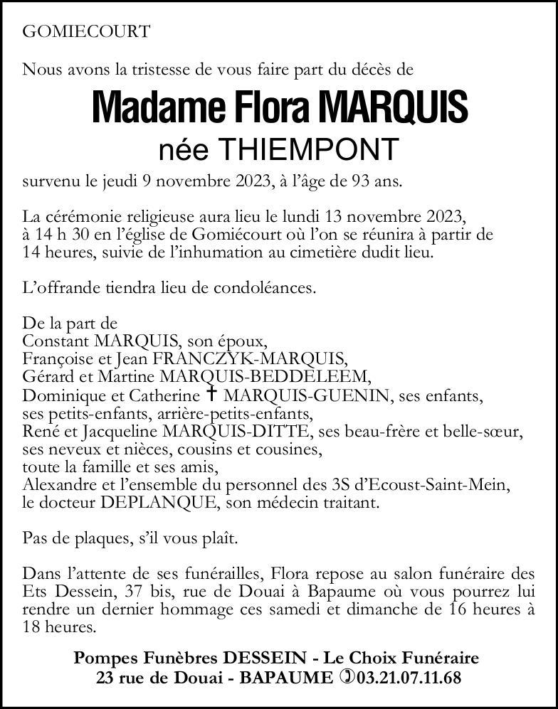 Avis de décès - Madame Flora MARQUIS née THIEMPONT.
