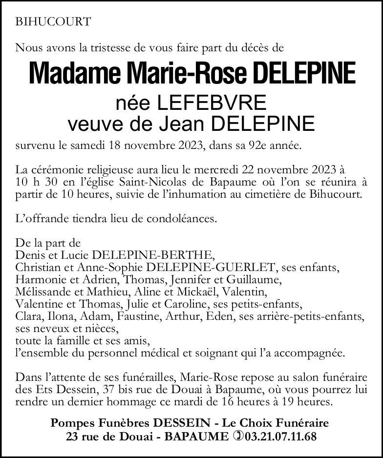 Avis de décès - Madame Marie-Rose DELEPINE née LEFEBVRE