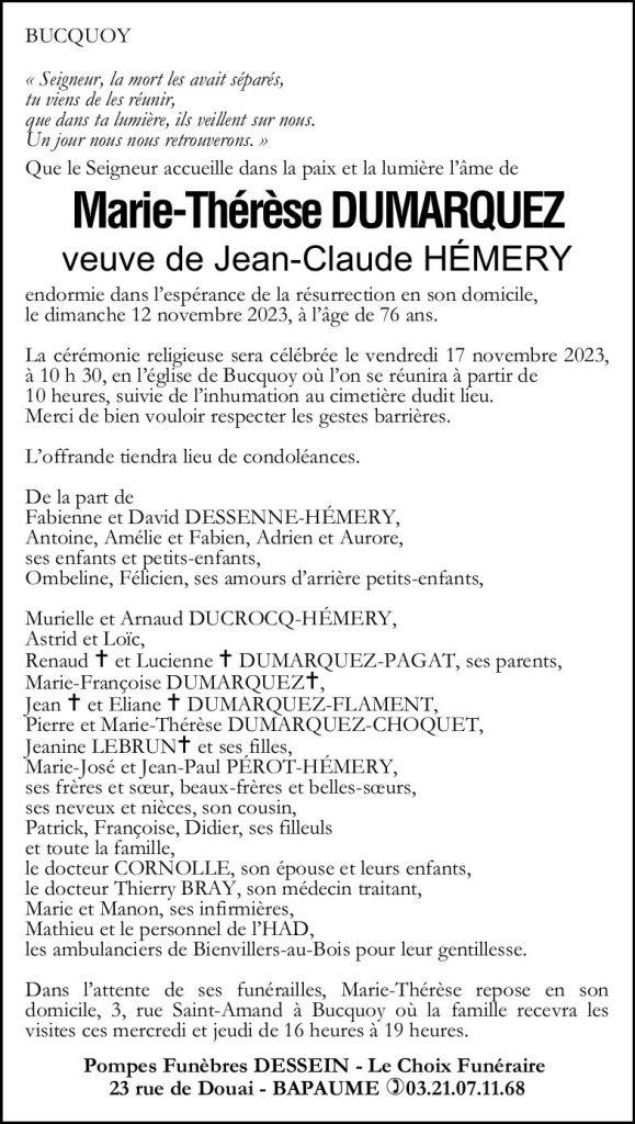 Avis de décès - Madame Marie-Thérèse HEMERY née DUMARQUEZ