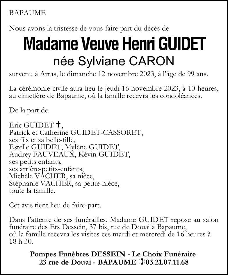 Avis de décès - Madame Sylviane GUIDET née CARON