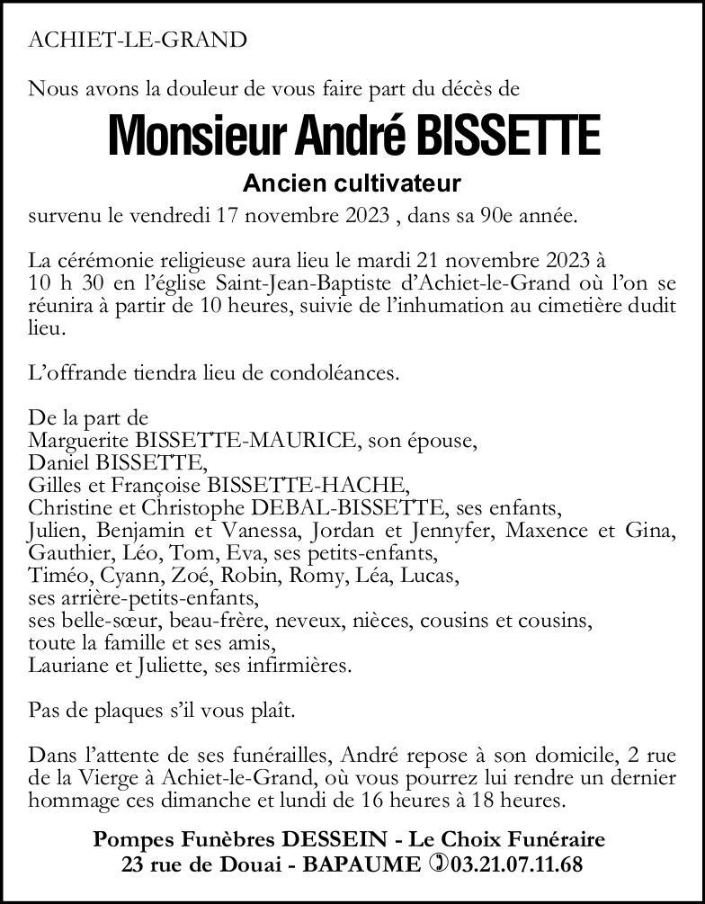 Avis de décès - Monsieur André BISSETTE