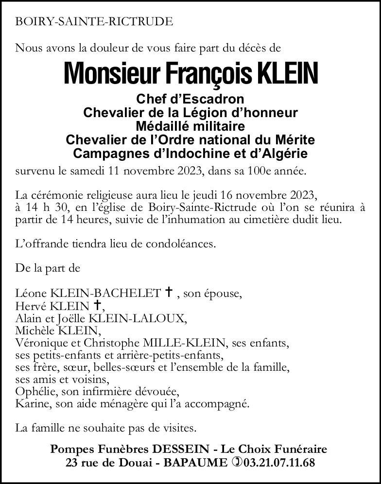 Avis de décès - Monsieur François KLEIN