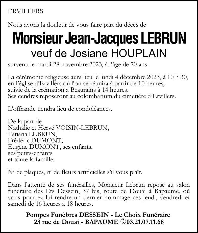 Avis de décès - Monsieur Jean-Jacques LEBRUN