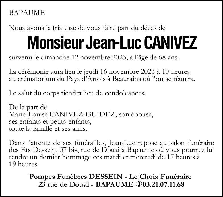 Avis de décès - Monsieur Jean-Luc CANIVEZ