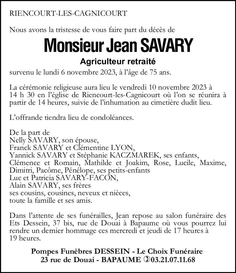 Avis de décès - Monsieur Jean SAVARY