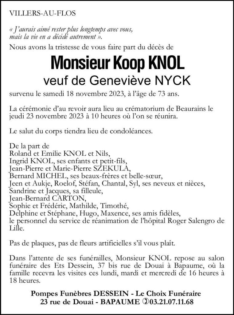 Avis de décès - Monsieur Koop KNOL