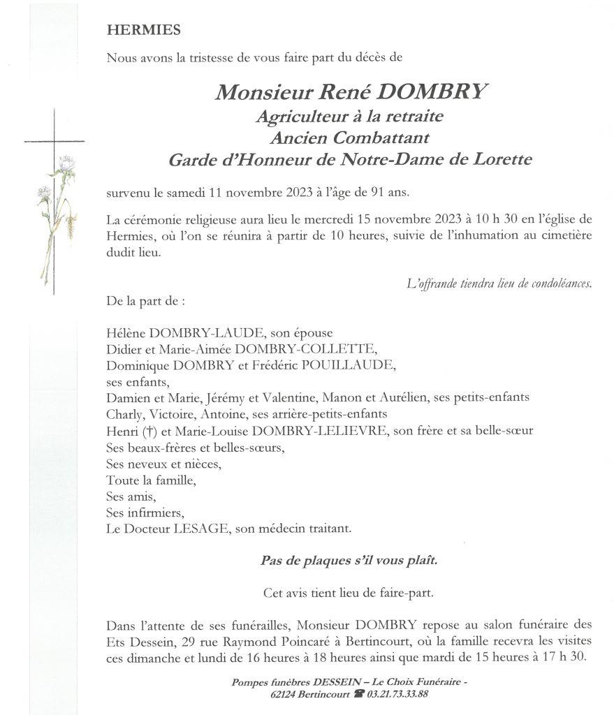 Avis de décès - Monsieur René DOMBRY