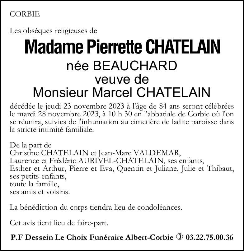Avis de décès Pierrette CHATELAIN