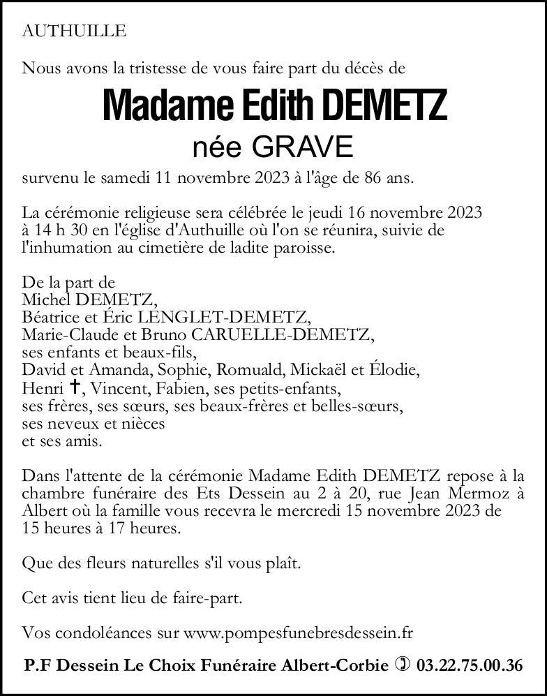 Avis de décès de Madame Edith DEMETZ née GRAVE