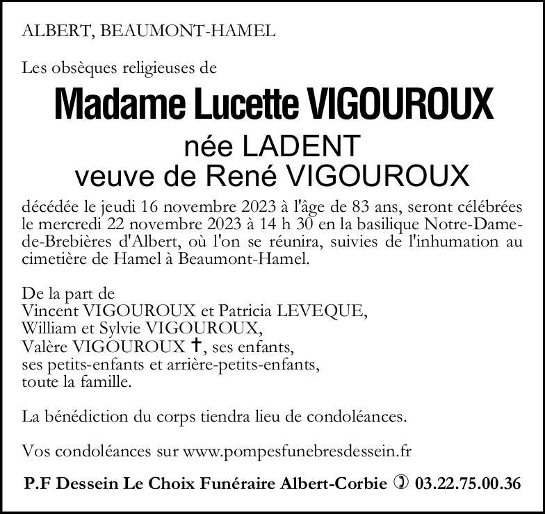 Avis de décès de Madame Lucette VIGOUROUX née LADENT