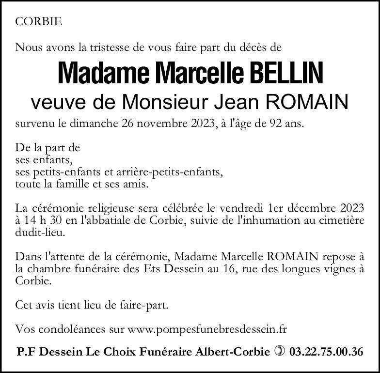 Avis de décès de Madame Marcelle BELLIN