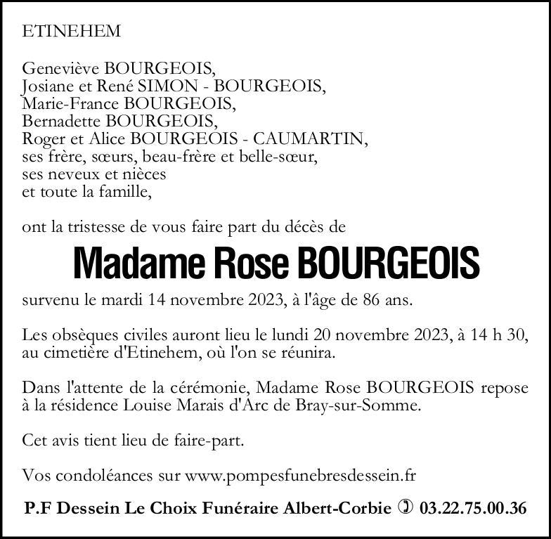 Avis de décès de Madame Rose BOURGEOIS