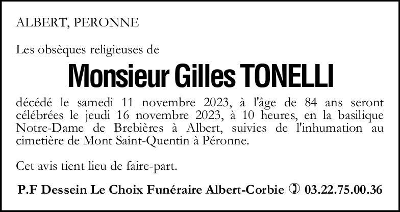 Avis de décès de Monsieur Gilles TONELLI