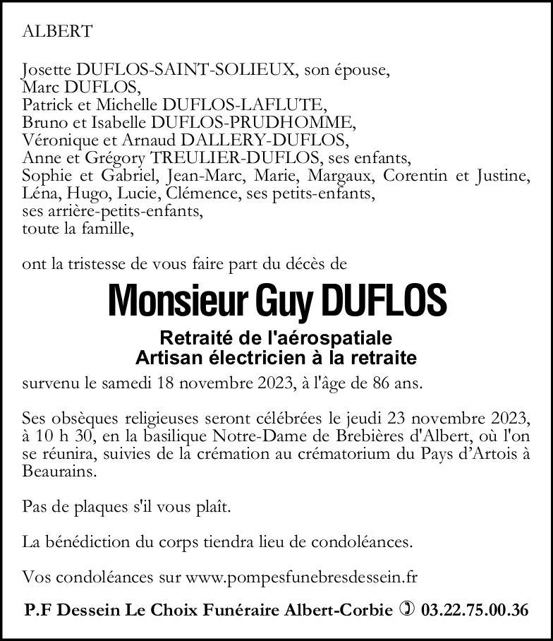 Avis de décès de Monsieur Guy DUFLOS