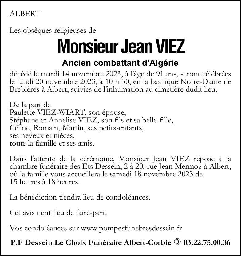 Avis de décès de Monsieur Jean VIEZ