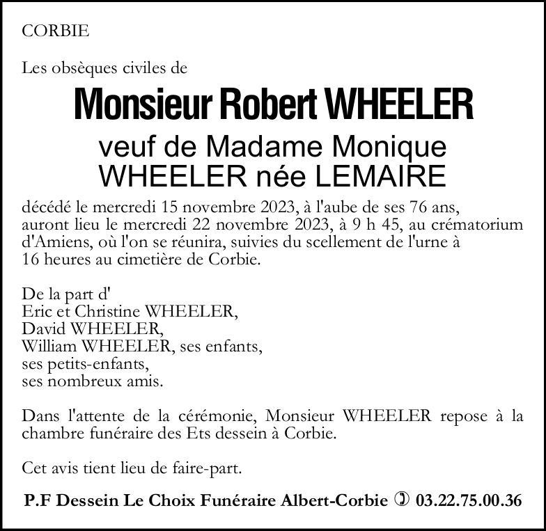 Avis de décès de Monsieur Robert WHEELER