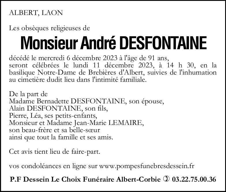 Avis de décès André DESFONTAINE