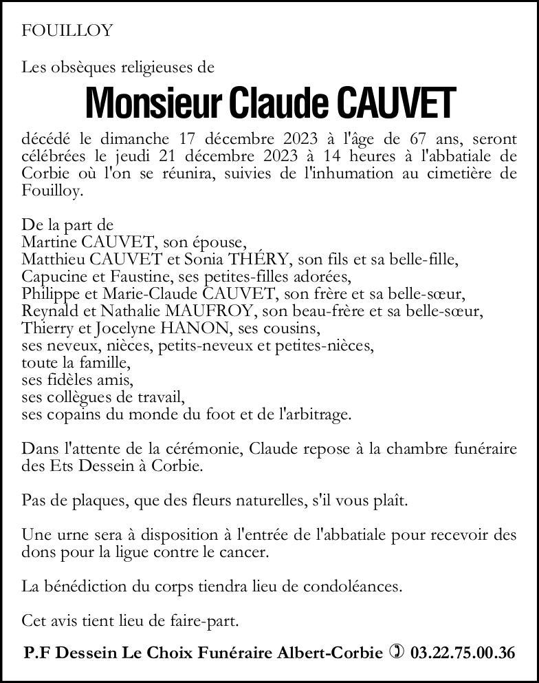 Avis de décès Claude CAUVET