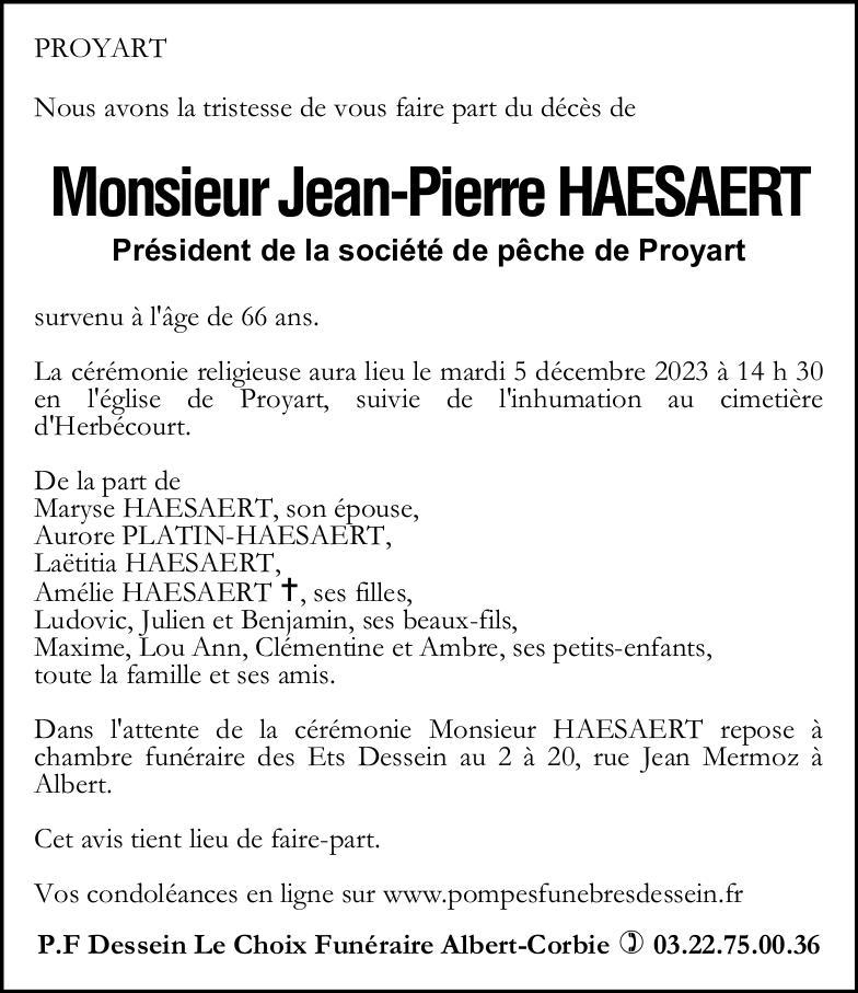 Avis de décès Jean-Pierre HAESAERT