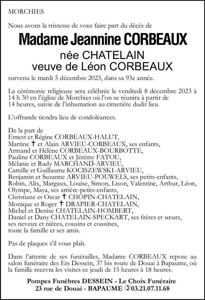 Avis de décès - Jeannine CORBEAUX née CHATELAIN