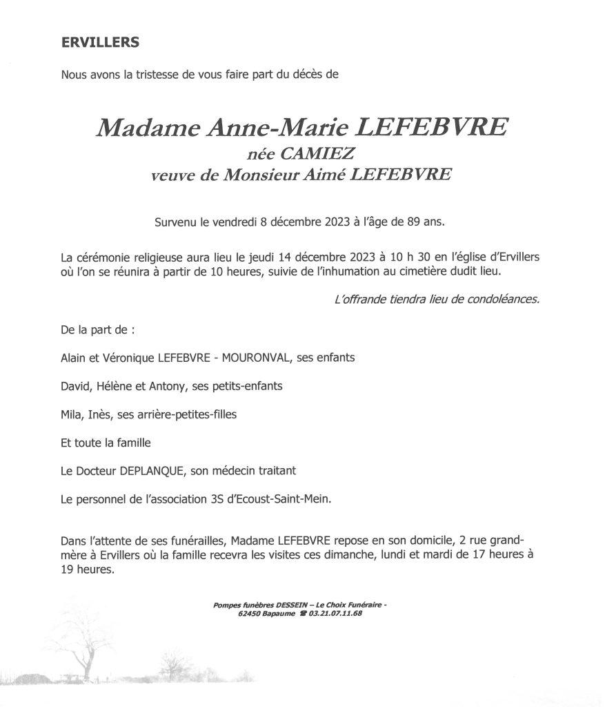Avis de décès - Madame Anne-Marie LEFEBVRE née CAMIEZ