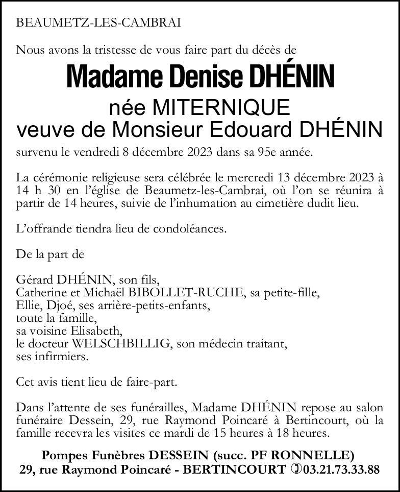 Avis de décès - Madame Denise DHÉNIN née MITERNIQUE