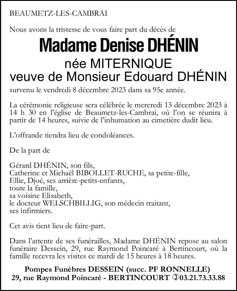 Avis de décès - Madame Denise DHÉNIN née MITERNIQUE