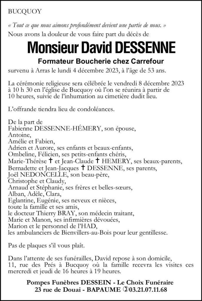 Avis de décès - Monsieur David DESSENNE
