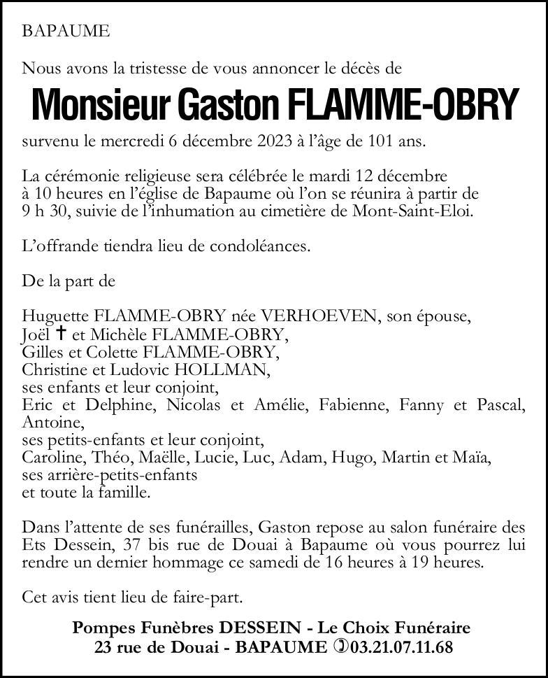Avis de décès - Monsieur Gaston FLAMME-OBRY